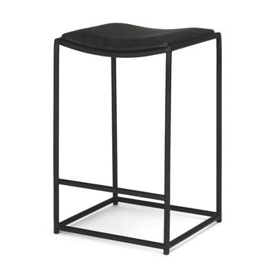 HomeRoots Black Genuine Leather and Iron Backless Counter Height Bar Chair