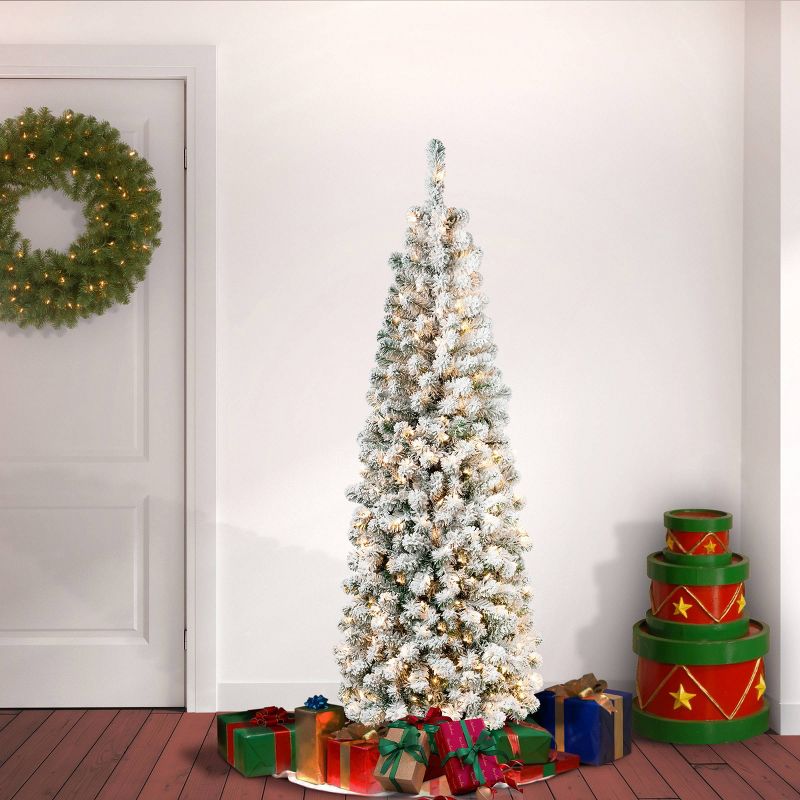 National Tree Company First Traditions Pre-Lit  Pencil Slim Flocked Acacia Hinged Artificial Christmas Tree Clear Lights, 3 of 8