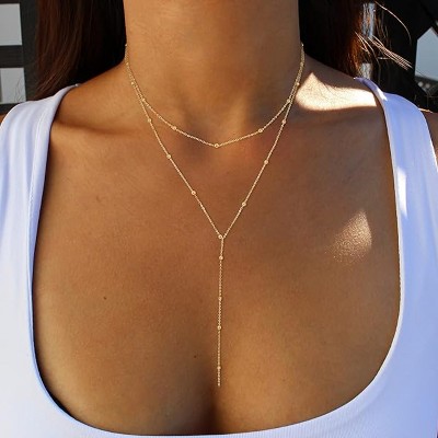 BRINJOY Women's 14k Gold-Plated Beaded Necklace & Lariat Pendant