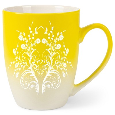 Elanze Designs Damask Floral Mirror Two Toned Ombre Matte Yellow and White 12 ounce Ceramic Stoneware Coffee Cup Mug