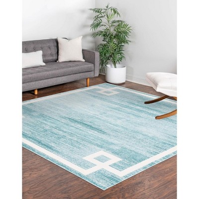 Turquoise and White Square Synthetic Indoor Area Rug