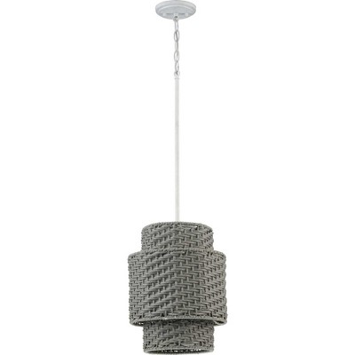 Weathered Grey Rattan Outdoor Pendant Light with White Etched Shade