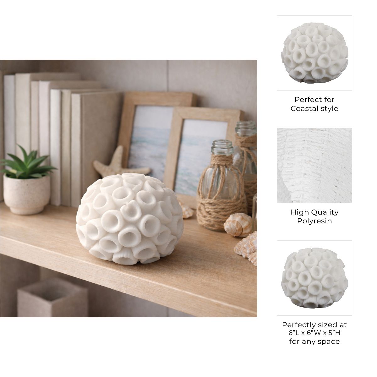 Coastal Resin Coral Orb for Home & Bathroom Decor - Decorative Coral Sphere for Living Room, Coffee Table or Mantel Display - thumbnail 5