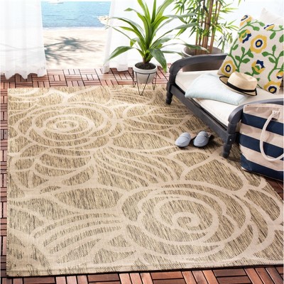 Coffee and Sand Floral Low Pile Indoor/Outdoor Area Rug