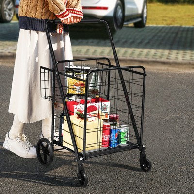 Black Steel Folding Double Basket Shopping Cart with Wheels