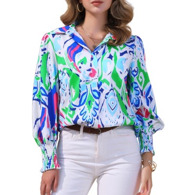 INSPIRE CHIC Women's Casual V Neck Floral Roll Up Long Sleeve Chiffon Button Down Fashion Blouses