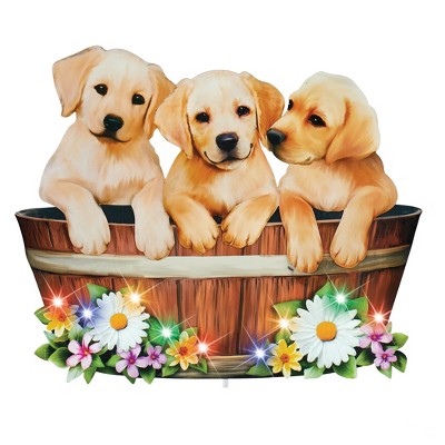 Iron Solar Powered Garden Stake with Puppies and Flowers