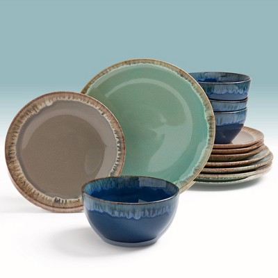 12-Piece Multicolor Ceramic Dinnerware Set with Reactive Glaze