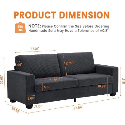 83" Modern Sofa, Corduroy 3 Seater Deep Seat Couch with Wide Armrest, Removable Washable Cushion Cover, Comfy Sofa
