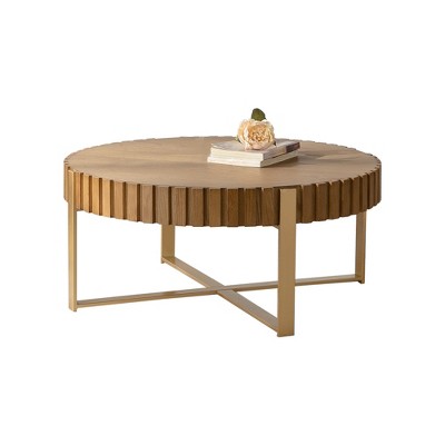 Dexmalle Round two-ply Handcrafted Relief Sturdy Pedestal Wooden Olive-Shaped  Coffee Table