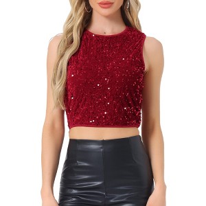INSPIRE CHIC Women's Sequin Crop Round Neck Sleeveless Sparkly Glitter Club Party Tank Top - 1 of 4