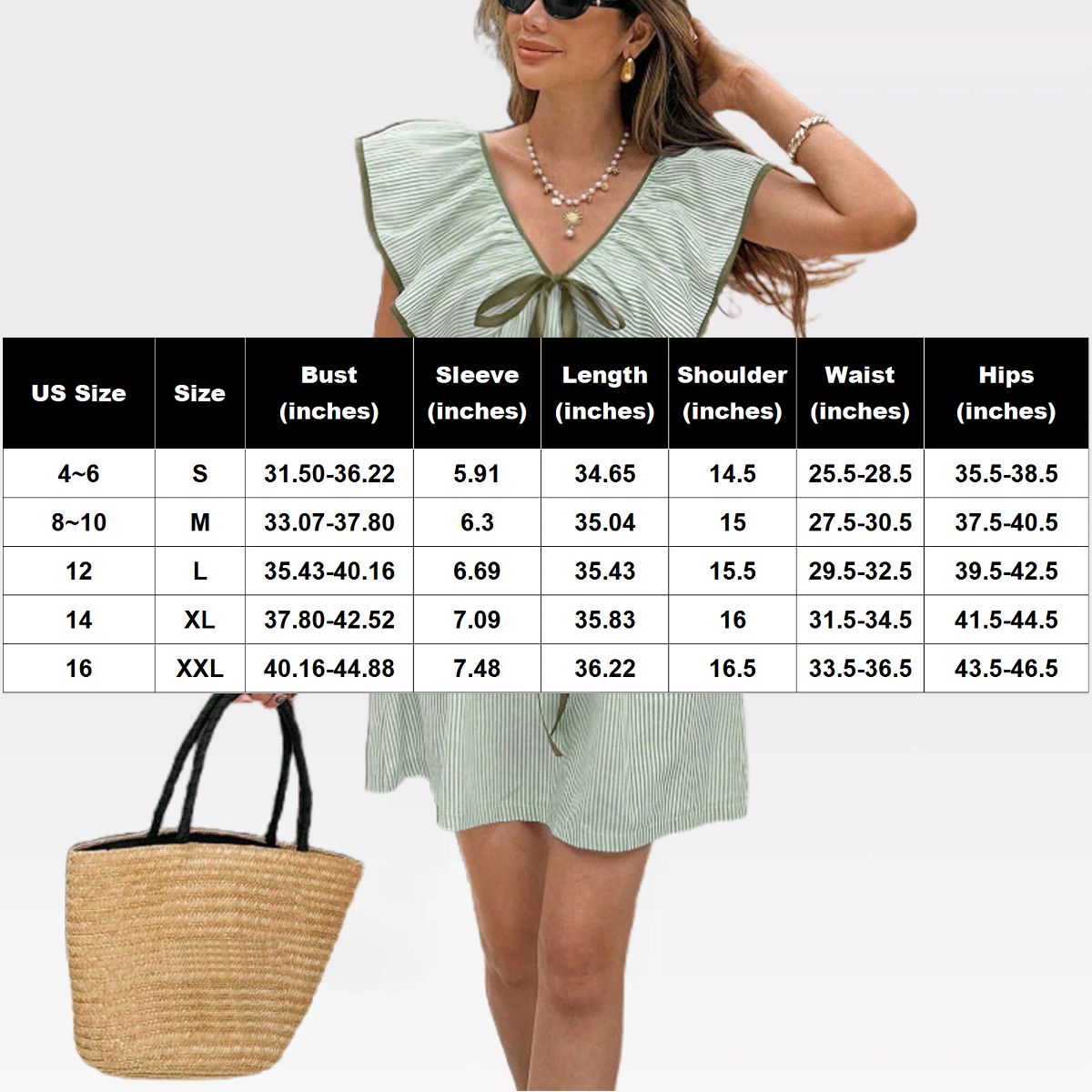 Garvee Women Striped V Neck Babydoll Mini Dress Flounce Patch Short Sleeve Backless Sun Dress Tie Front High Waist Ruffle A Line Dresses - thumbnail 7
