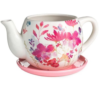 Plow & Hearth Indoor/Outdoor Ceramic Floral Tea Pot Planter with Saucer
