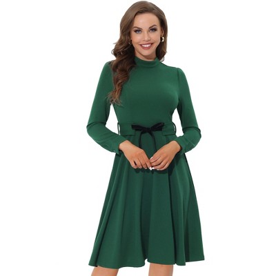 Allegra K Women's Elegant Work Sheath Mock Neck Flare Long Sleeve Knit Midi Dress