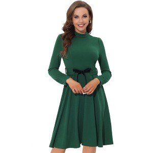 Allegra K Women's Elegant Work Sheath Mock Neck Flare Long Sleeve Knit Midi Dress - 1 of 4