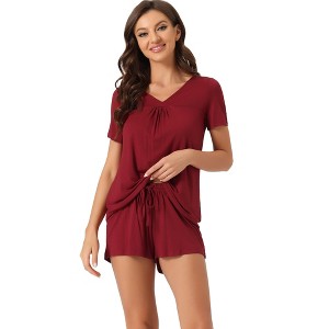 cheibear Women's Lounge Outfits Casual V-Neck Shorts Sleeves Tops with Shorts Pajama Sets - 1 of 4