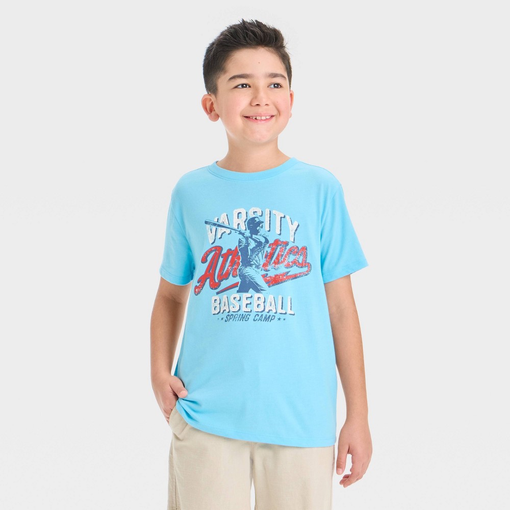 Boys' Short Sleeve 'Varsity Baseball' Graphic T-Shirt - Cat & Jack™ Blue L Husky: Crew Neck, Sports Pattern