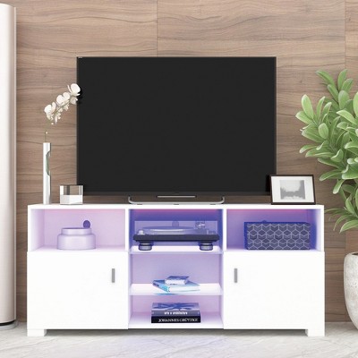 Modern TV Stand with LED Lights, Open Shelves, and Doors - High Gloss Entertainment Center for 32-60 Inch TVs, Perfect for Living Room Decor