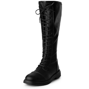 Allegra K Women's Lace Up Back Zip Round Toe Flat Low Heel Knee High Boots - 1 of 4