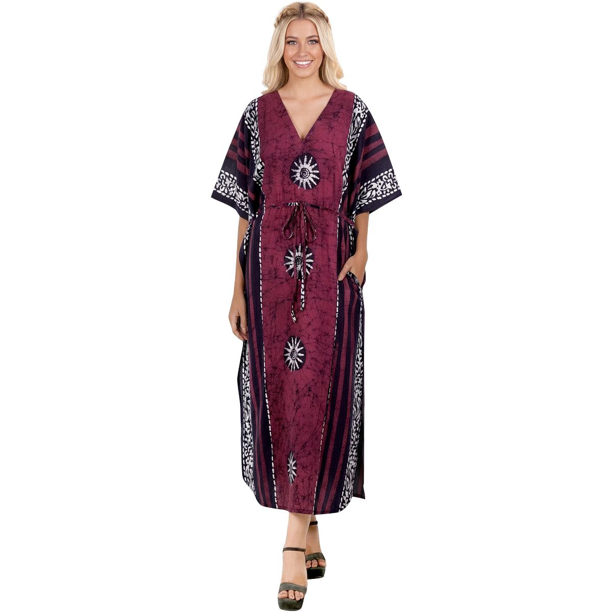 LA LEELA Summer Cotton Women Resortwear Maxi Caftan Vacation Cruise Holiday Loungewear Beach Cover Up Relaxed Dress 2X-3X Red Floral