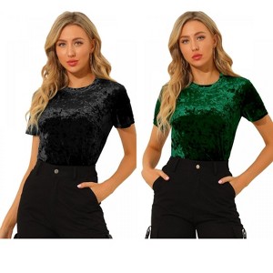 INSPIRE CHIC Women's Velvet Crew Neck Short Sleeve Casual Blouse 2 Packs - 1 of 4