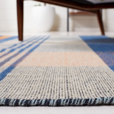 Blue and Orange Striped Wool 4' x 6' Flat Woven Rug