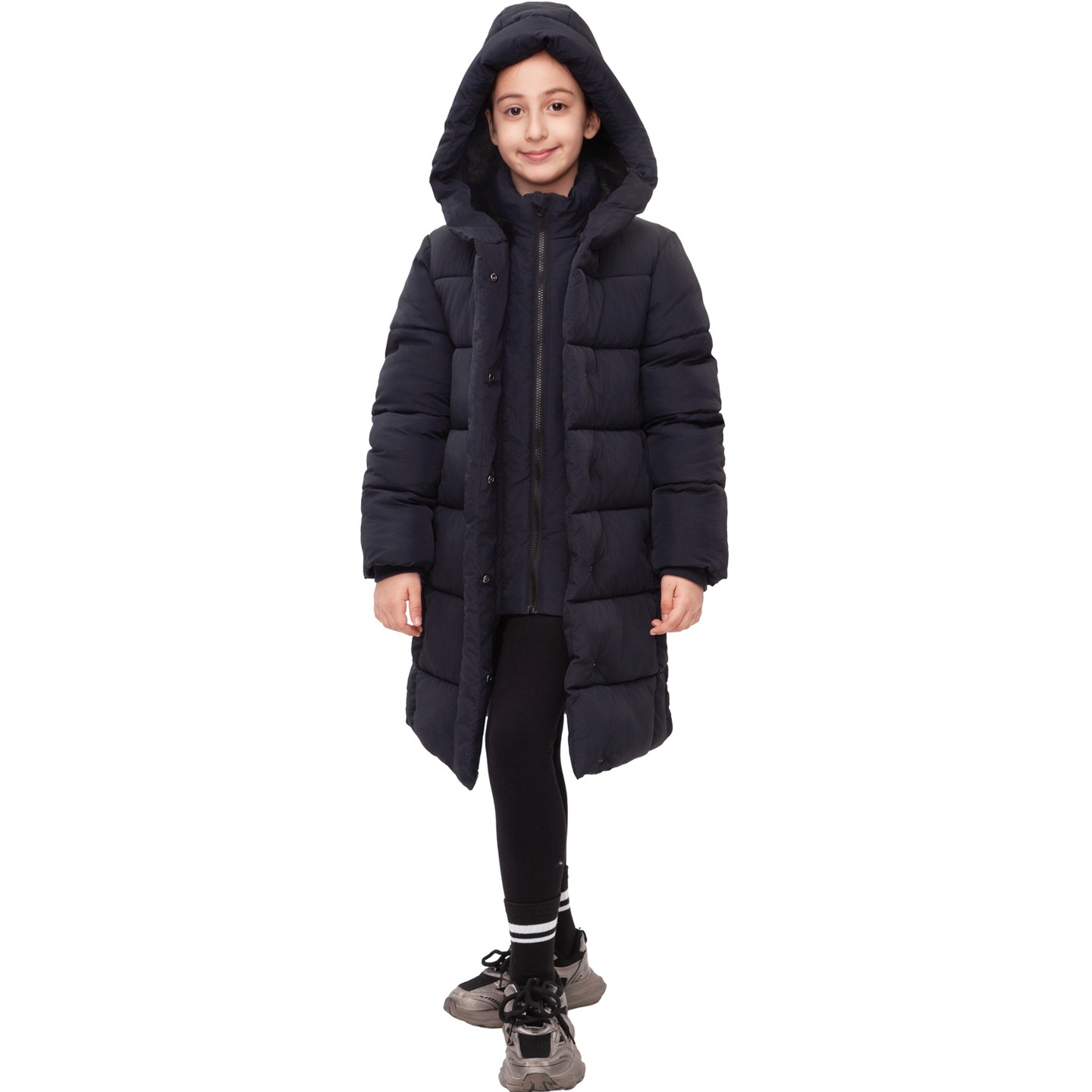 Куртка Rokka&Rolla Knee-Length Coat Long Puffer Jacket-black для девочек, цвет: Чёрный — фото 6