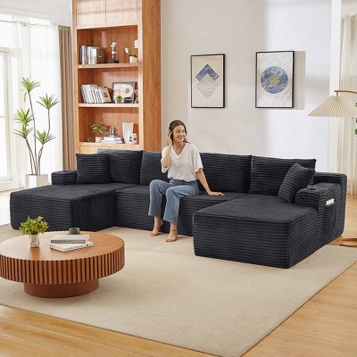Aukfa 133" U-Shaped Oversized Sectional Sofa,Corduroy Cloud Couchs Comfy Cloud Couch Flexible Modular Sectional Sofa