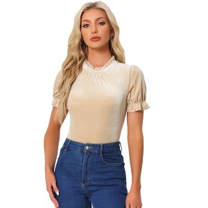 INSPIRE CHIC Women's Short Sleeve Velvet Keyhole Back Ruffle Mock Neck Shirt - 1 of 4