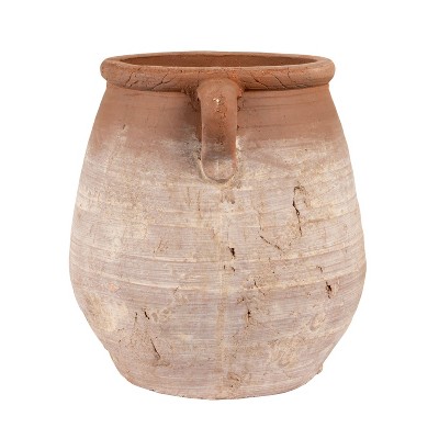 14" Orange and Whitewashed Terracotta Urn with Handles