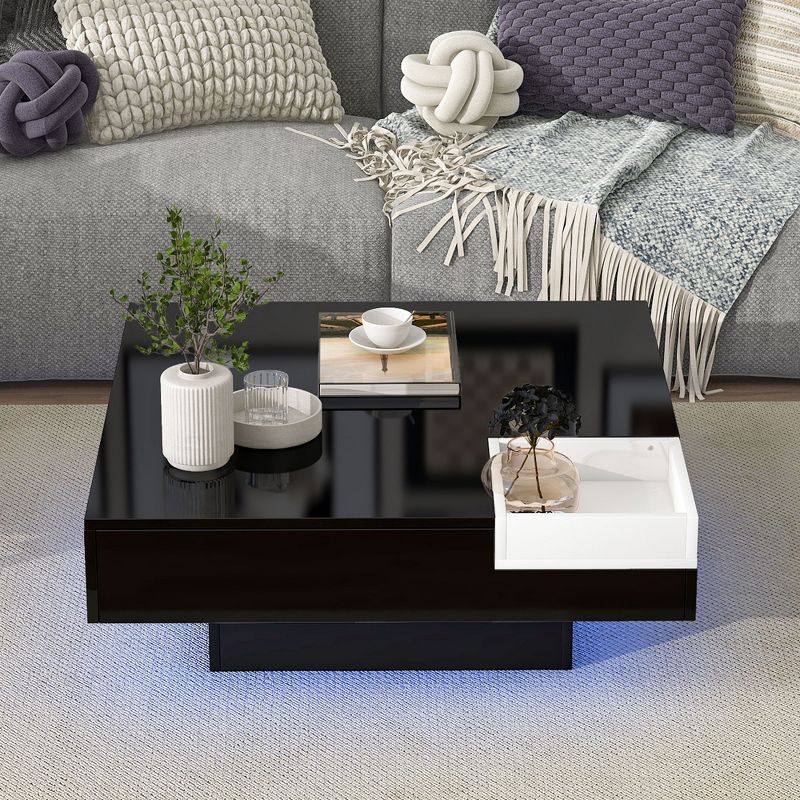 Modern Minimalist Design Square Coffee Table with Detachable Tray and Plug-in 16-color LED Strip Lights 4M - ModernLuxe, 2 of 11
