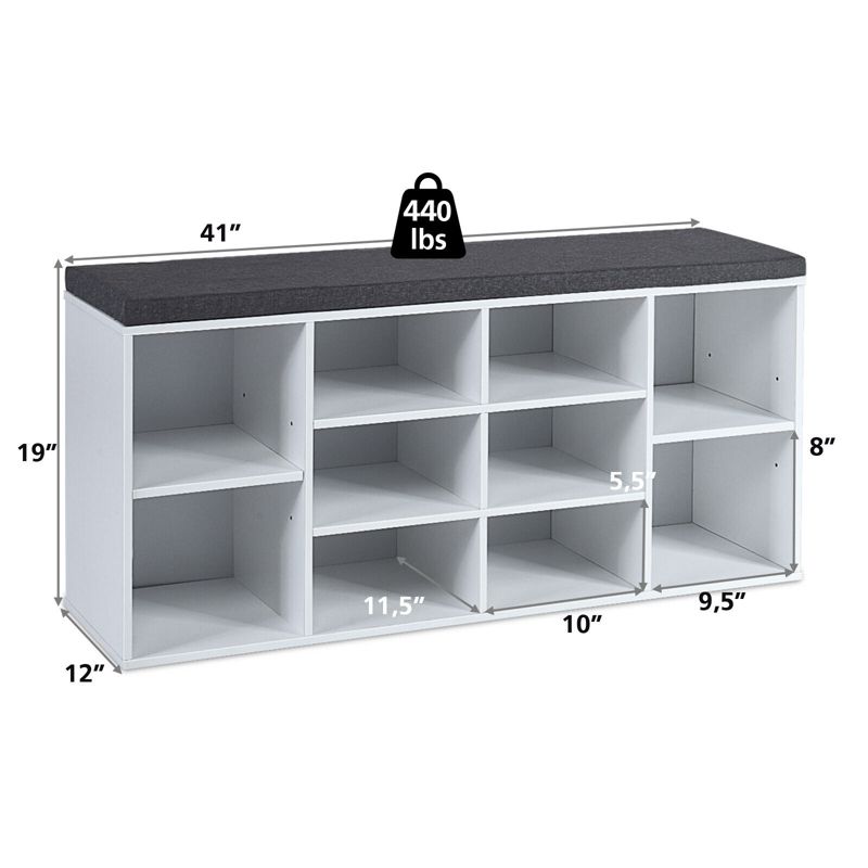 Tangkula Adjustable 10-Cube Organizer Bench Entryway Padded Shoe Storage Bench, 3 of 6