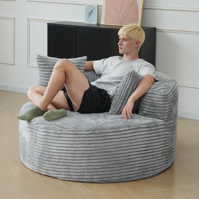 WJSHome 50'' Corduroy Single Foam Couche, Oversized Round Chair with Pillows, Circle Chair Sleeper Couch , Sleeper Boneless Sofa for Reading,Gray