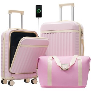 NAYSAYE Front Opening Luggage Set 3 Piece Hardside Carry On USB Port Expandable TSA Lock Spinner Wheels, Pink, 15.7"*10"*25.39" - 1 of 4