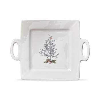 tag "Farmhouse Christmas" White Earthenware Square Serving Platter with Handles Featuring Christmas Tree with Holly Berries & Leaves,13.9L x 10.6W.