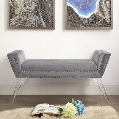 Inspired Home Crawford Velvet Bench Acrylic Leg and Silver Nailhead Trim