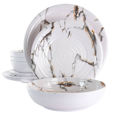 12pc Melamine Fine Sculpture Dinnerware Set White - Elama