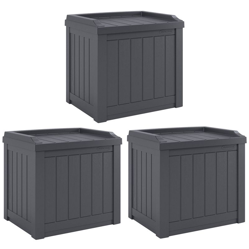 Suncast 22-Gallon Indoor or Outdoor Backyard Patio Small Storage Deck Box with Attractive Bench Seat and Reinforced Lid, Cyberspace (3 Pack), 1 of 7