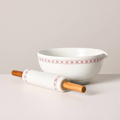 2pc Stoneware Mixing Bowl and Rolling Pin Bakeware Set Cream/Red - Hearth & Hand™ with Magnolia