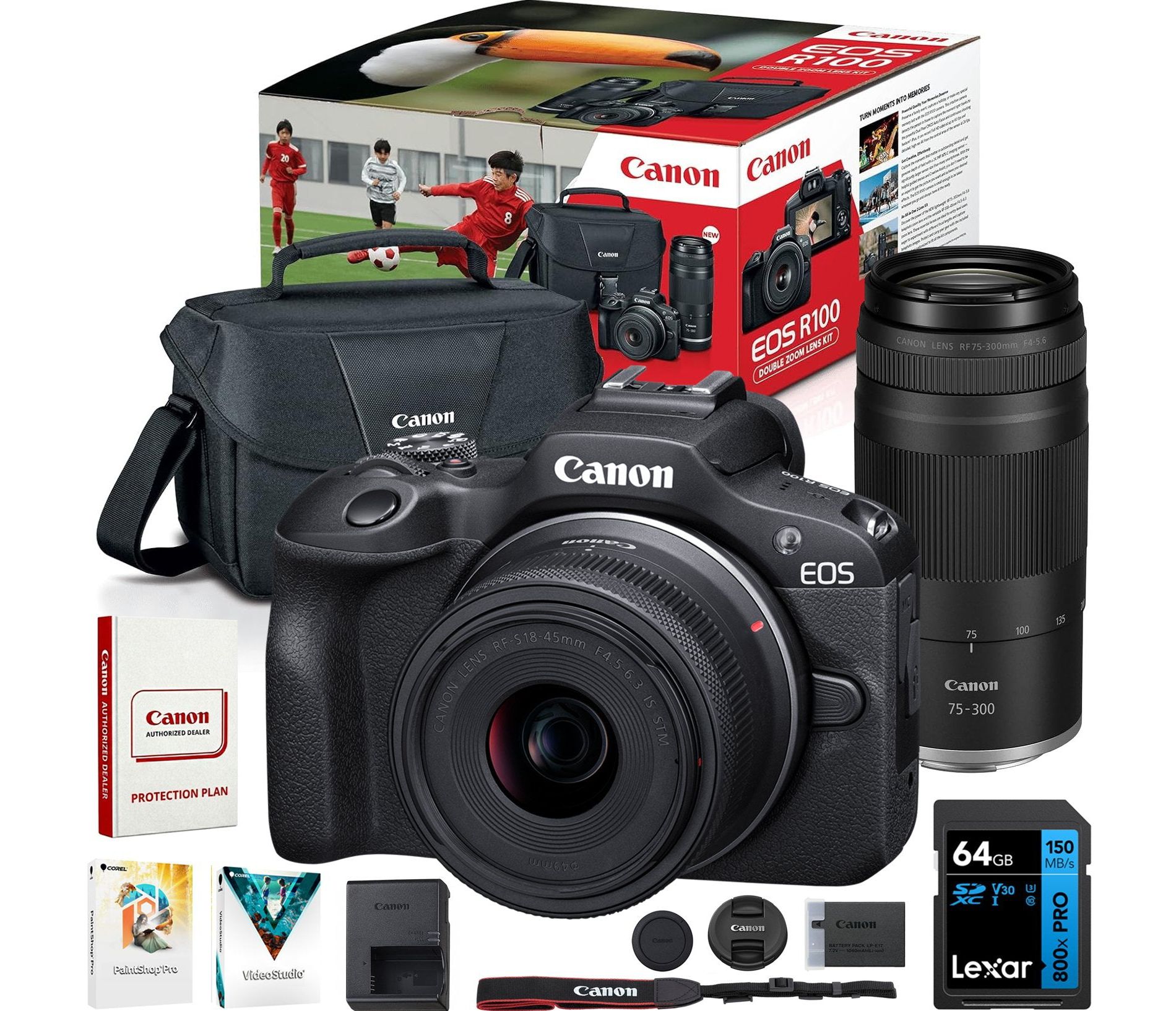 Canon EOS R100 Mirrorless Camera Double Zoom Lens Kit with RF-S 18-45mm & RF 75-300mm & 64GB Bundle