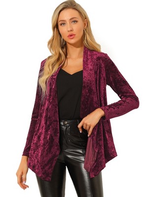 INSPIRE CHIC Women's Shawl Collar Pocket Open Front Velvet Cardigan