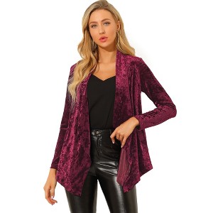 INSPIRE CHIC Women's Shawl Collar Pocket Open Front Velvet Cardigan - 1 of 4