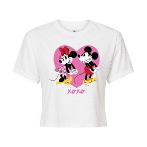 Women's - Disney - Mickey And Minnie Heart Cropped Graphic T-Shirt - 1 of 4