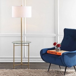 59" Charles Side Table and Floor Lamp (Includes LED Light Bulb) Brass - JONATHAN Y: Modern Design, UL Listed, Linen Shade - 1 of 4