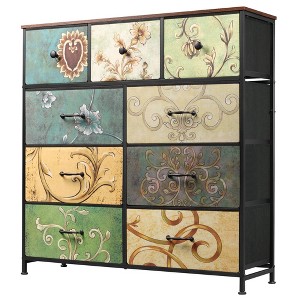 Dresser 9-Drawer Fabric Storage Tower Chest for Bedroom, Hallway, Closet with Fabric Bins, Steel Frame, Wood Top, Easy Pull Handle - 1 of 4