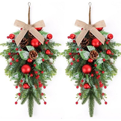 Attop 24" Christmas Wreaths for Front Door 2 PCS Christmas Teardrop Swag Winter Wreath with Red Ball Red Berry Pine Needles
