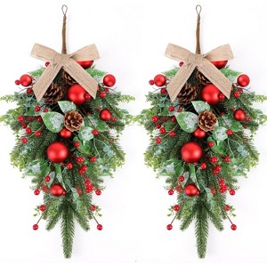 Attop 24" Christmas Wreaths for Front Door 2 PCS Christmas Teardrop Swag Winter Wreath with Red Ball Red Berry Pine Needles - 1 of 4