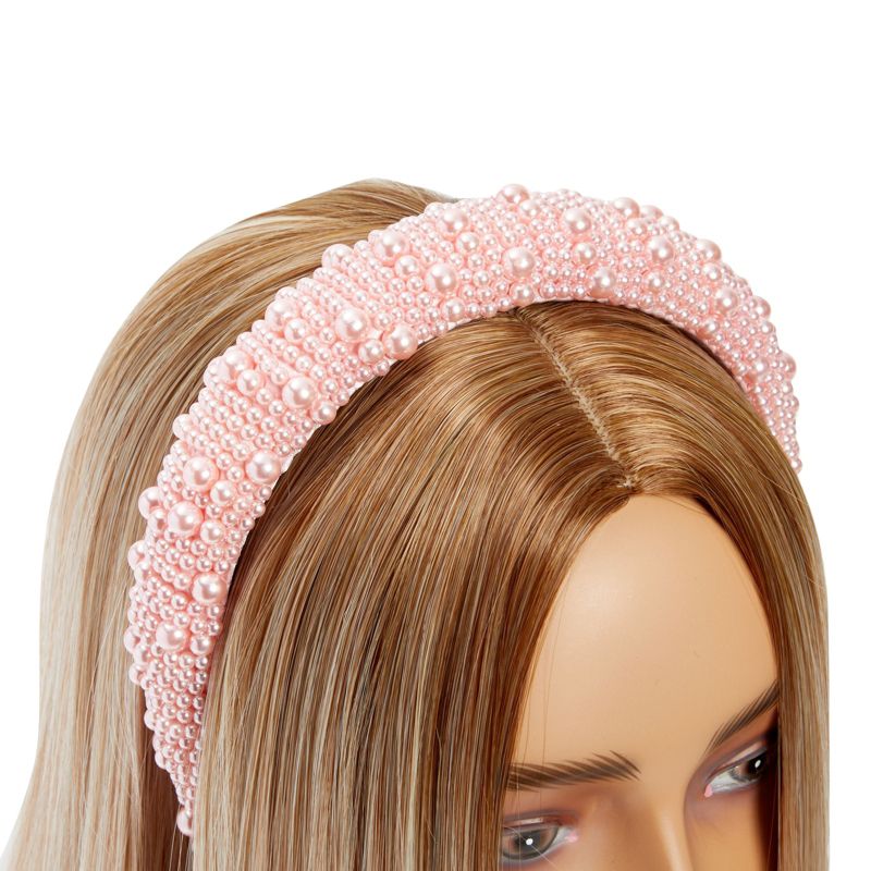 Glamlily 2 Pack Crystal Padded Puffy Headbands, Rhinestone Pearl Hair Accessories with Beads, Pink & White, 3 of 8