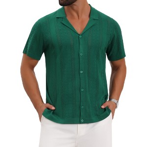INSPIRE CHIC Men's Hollow Knitted Short Sleeve Button Down Striped Shirts - 1 of 4