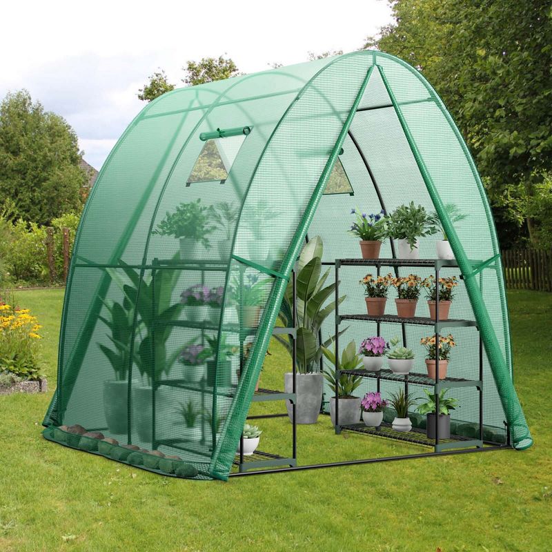 Costway Portable Greenhouse with 2 Zippered Doors 2 Roll-up Screen Windows 6 x 6 x 6.6 FT Green/White, 4 of 11
